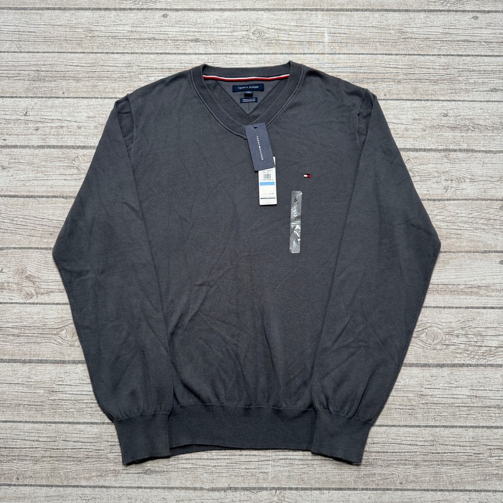 NEW Tommy Hilfiger Sweater Men's L Navy Blue V-Neck Premium Cotton Knit Pullover